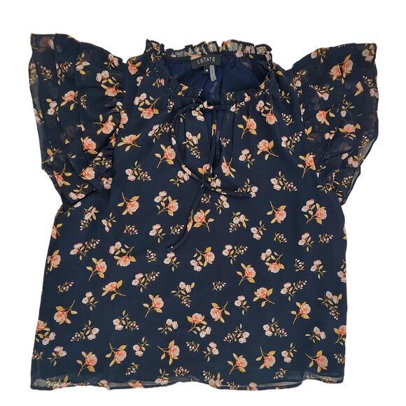 1.State Women’s Short Sleeve Blouse Flutter Top Floral Blue Medium - Picture 1 of 8